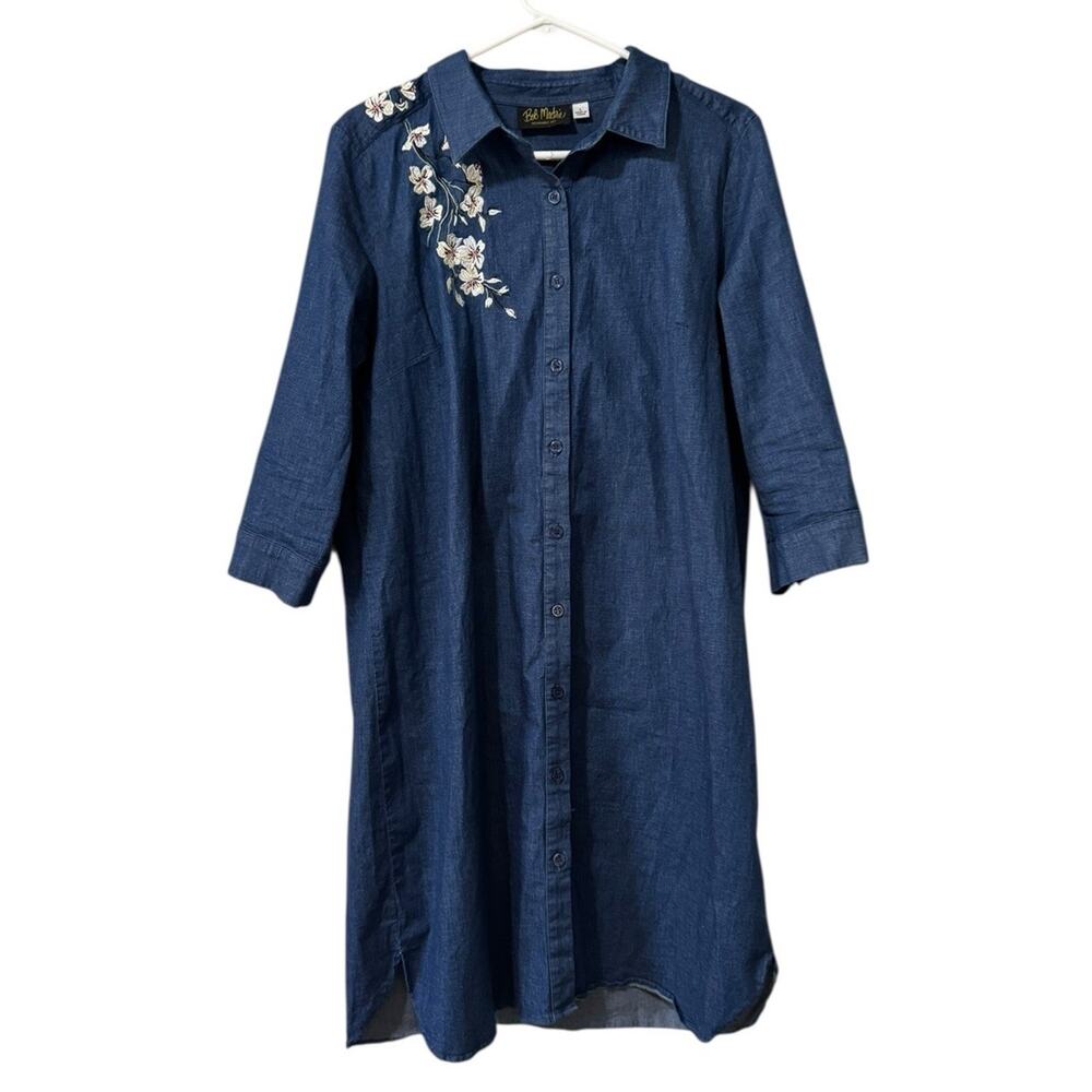 Bob Mackie Embroidered Dogwood Wearable Art Denim Dress‎ Sz L Button Down Blue